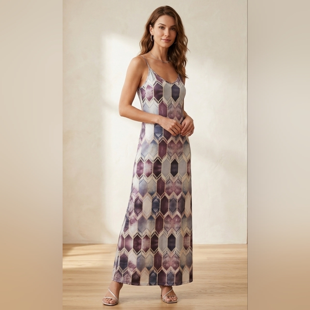 Geometric Maxi Dress in Purple Multi Sleeveless Stretch Sz L